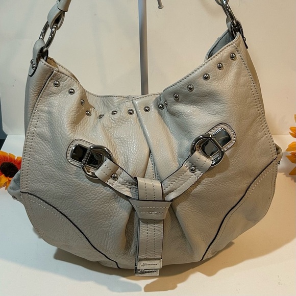B Makowsky Gray Genuine Leather Studded Hobo Shoulder Bag Tote Purse - Picture 3 of 12